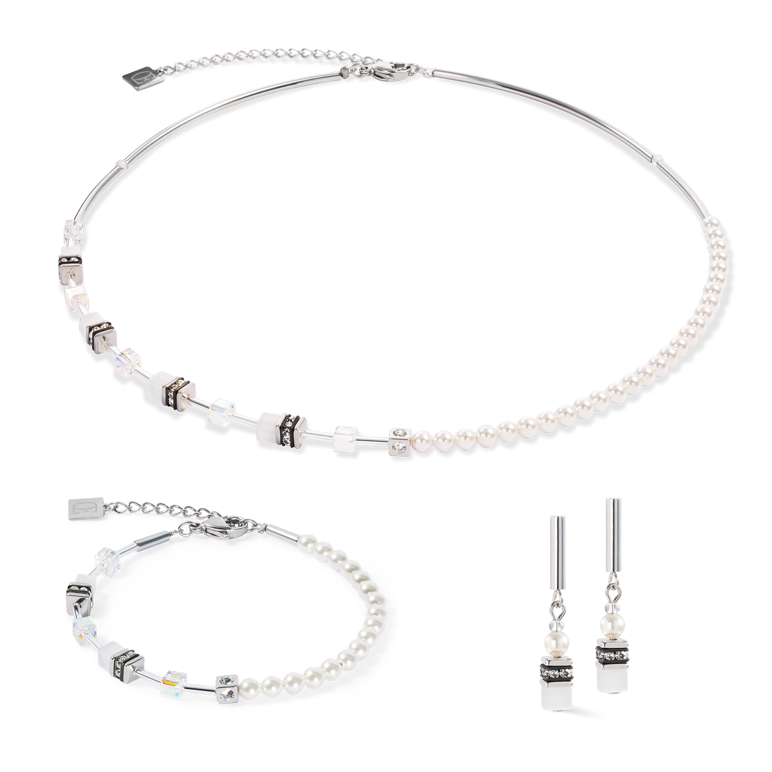 Collana GeoCUBE® Mini Fusion Pearls argento-bianco