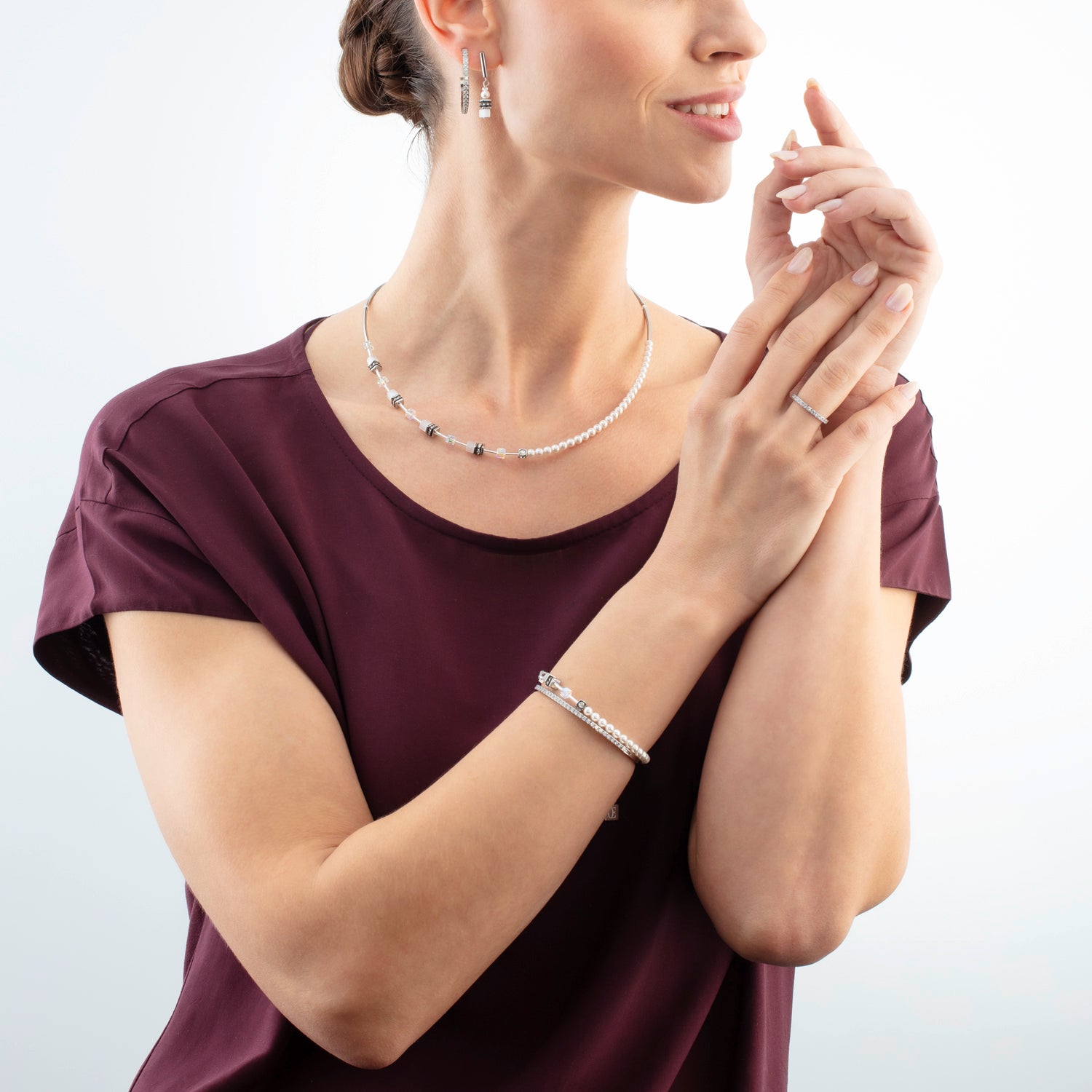 Collana GeoCUBE® Mini Fusion Pearls argento-bianco