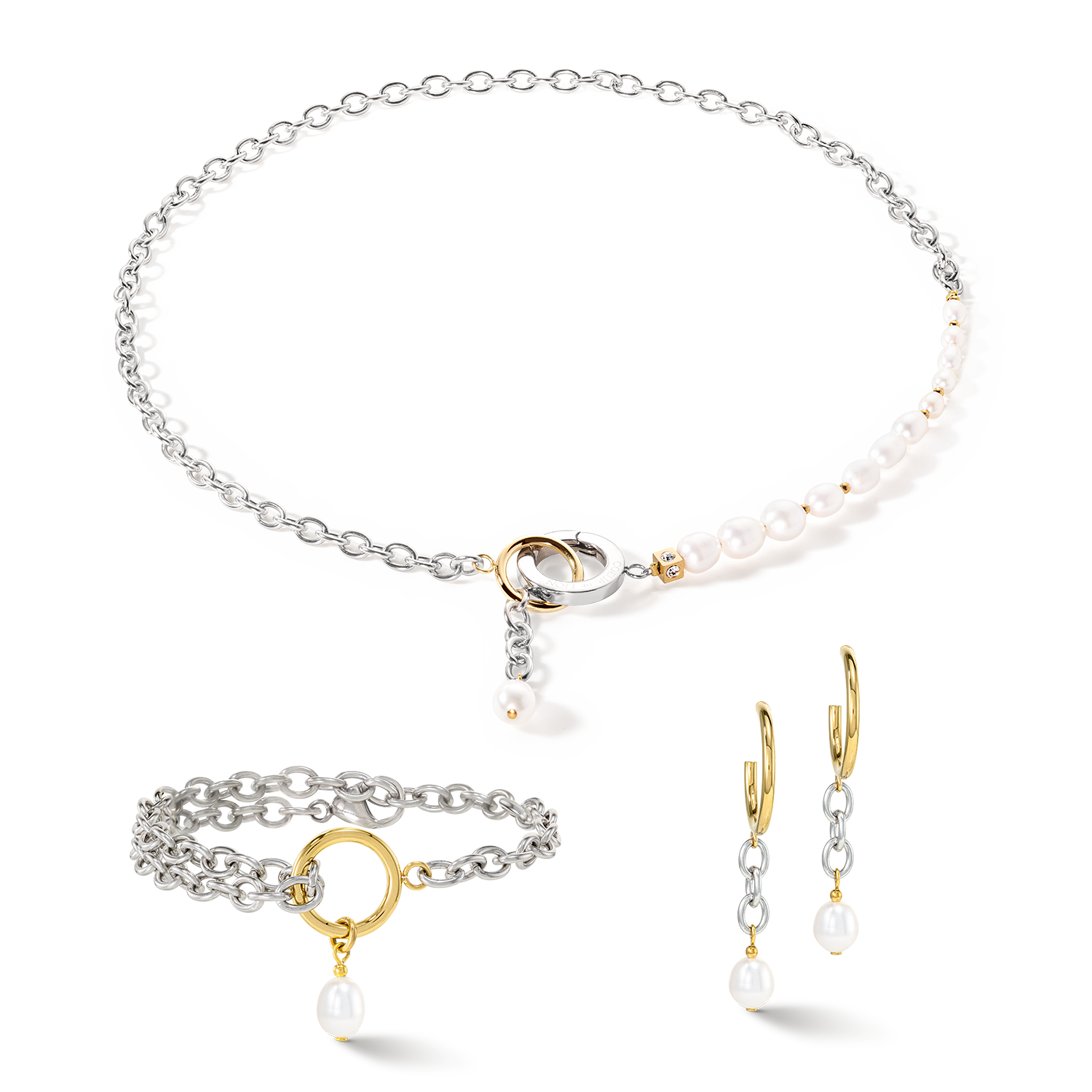 Orecchini Y & perle ovali d'acqua dolce con O-ring bicolore