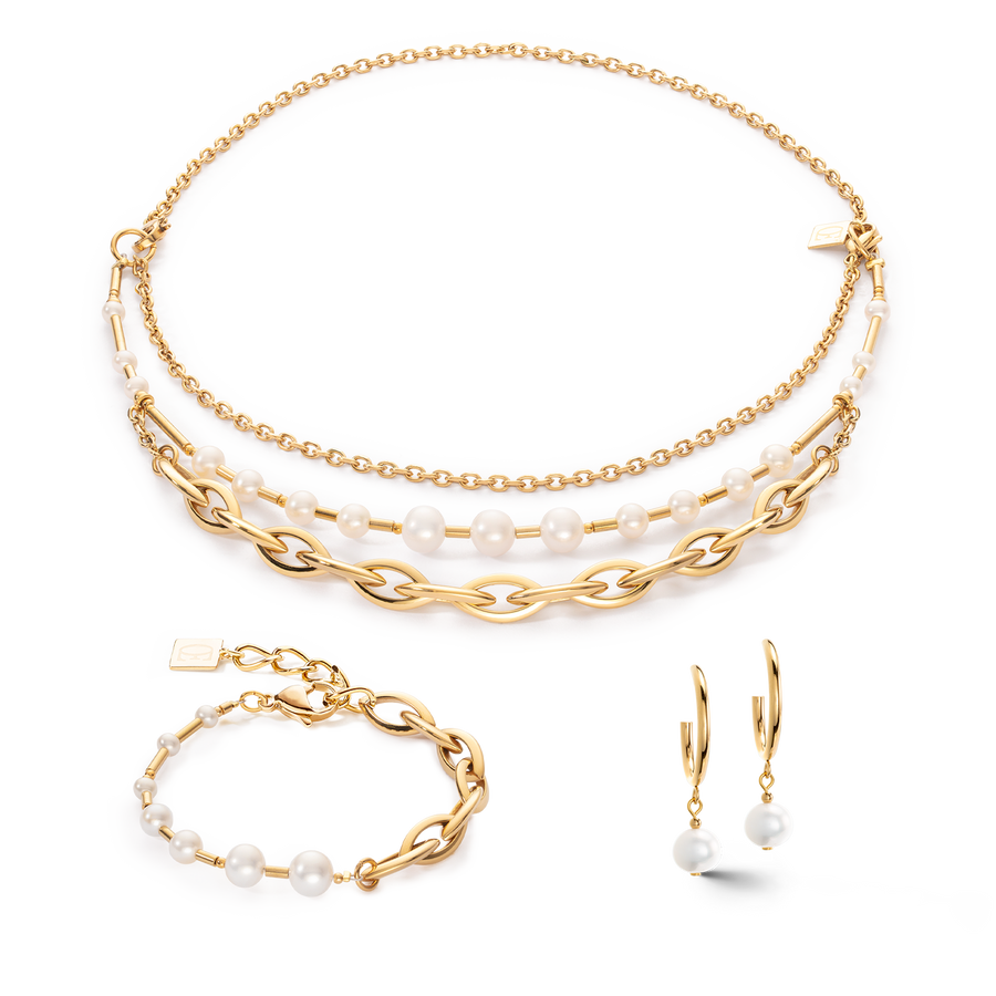 Collana Perle d'acqua dolce e Chunky Chain Navette Multiwear bianco-oro