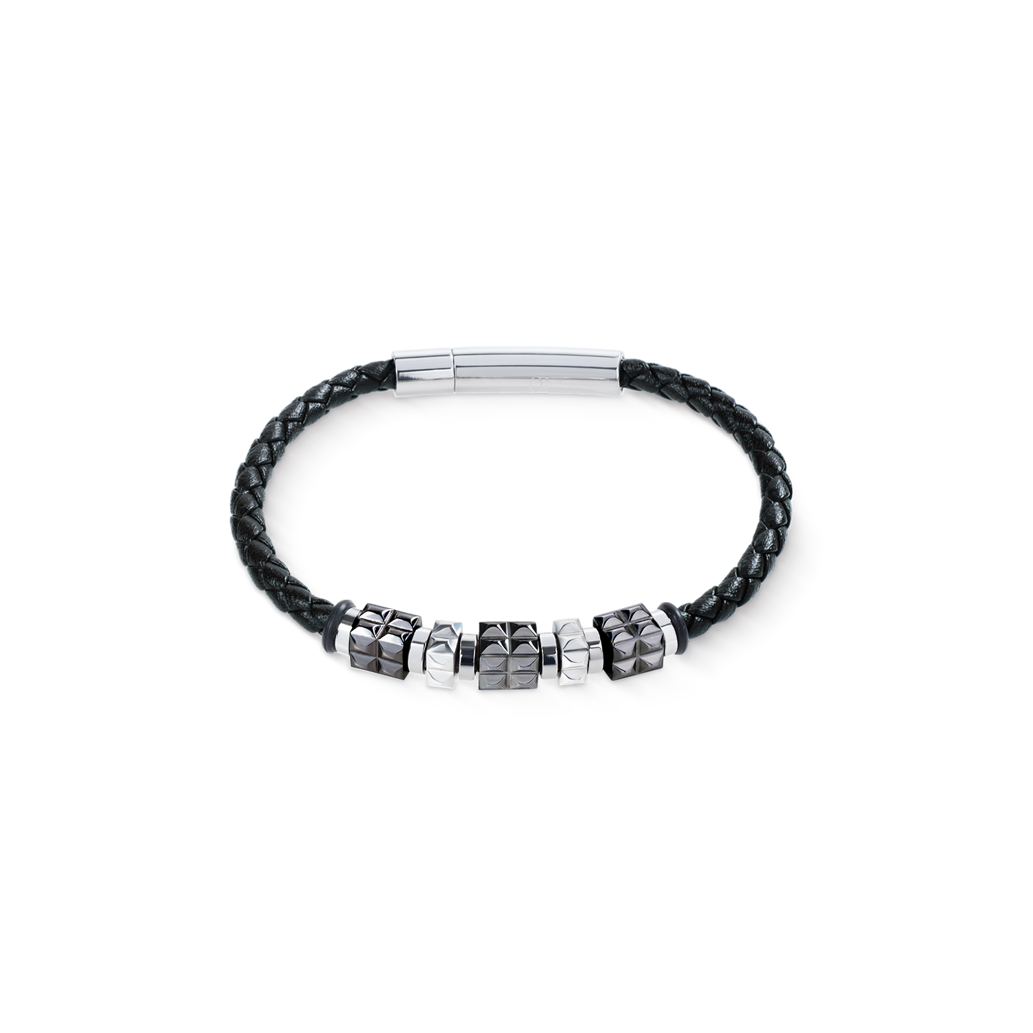 Bracciale in pelle nera con Spikes Cubes in acciaio inox gun metal