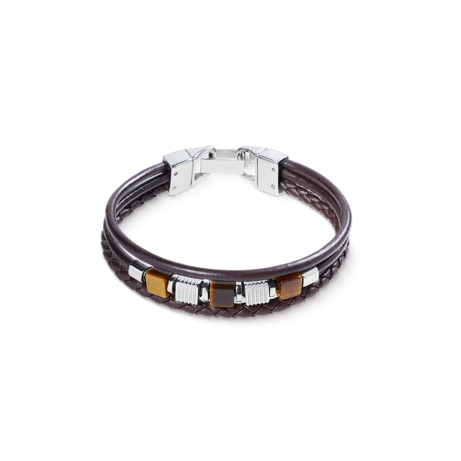 Bracciale in pelle marrone a 3 fili con cubes in occhio di tigre e cubes Graphic Relief in acciaio inox