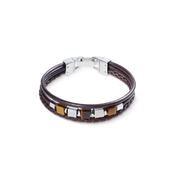 Bracciale in pelle marrone a 3 fili con cubes in occhio di tigre e cubes Graphic Relief in acciaio inox