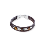 Bracciale in pelle marrone a 3 fili con cubes in occhio di tigre e cubes Graphic Relief in acciaio inox