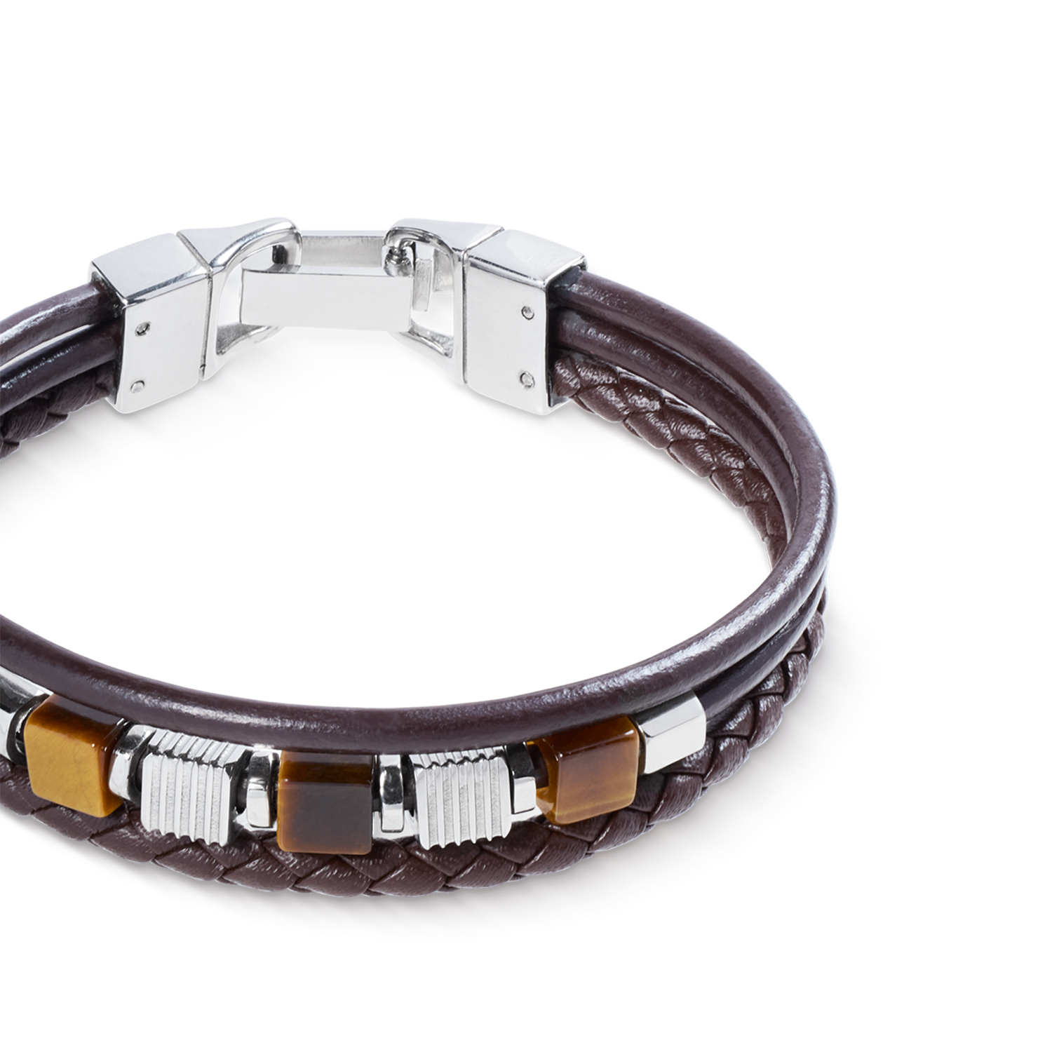 Bracciale in pelle marrone a 3 fili con cubes in occhio di tigre e cubes Graphic Relief in acciaio inox