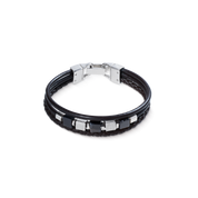 Bracciale in pelle nera a 3 fili con cubes in onice striato e cubes Graphic Relief in acciaio inox
