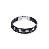 Bracciale in pelle nera a 3 fili con cubes in onice striato e cubes Graphic Relief in acciaio inox