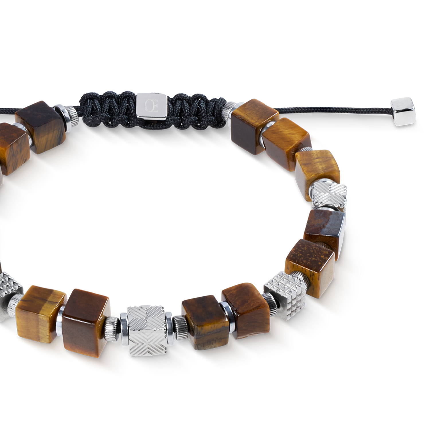 Bracciale cubes occhio di tigre e cubes Graphic Relief in acciaio inox con chiusura tessile regolabile