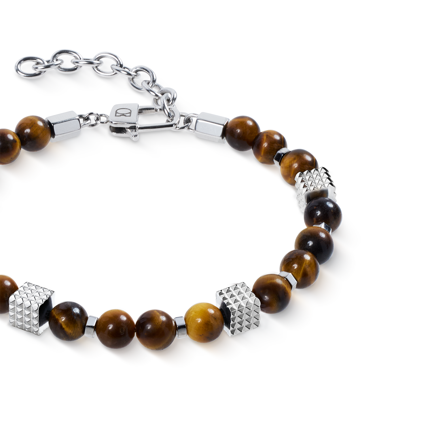Bracciale sfere occhio di tigre con Mini Spikes Cubes in acciaio inox