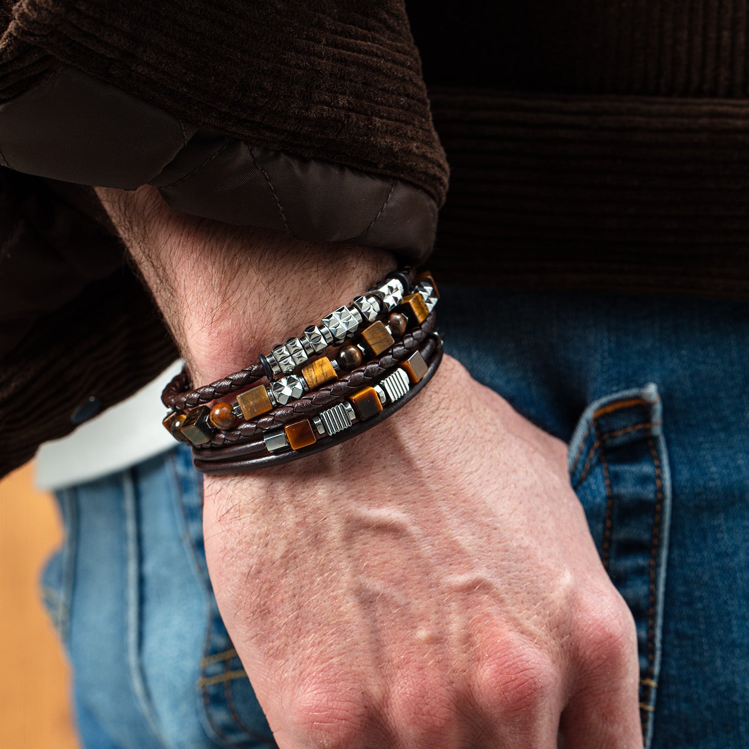 Bracciale cubes e sfere occhio di tigre con Spikes Cubes in acciaio inox