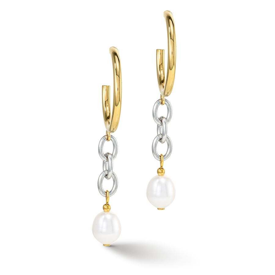 Orecchini Y & perle ovali d'acqua dolce con O-ring bicolore