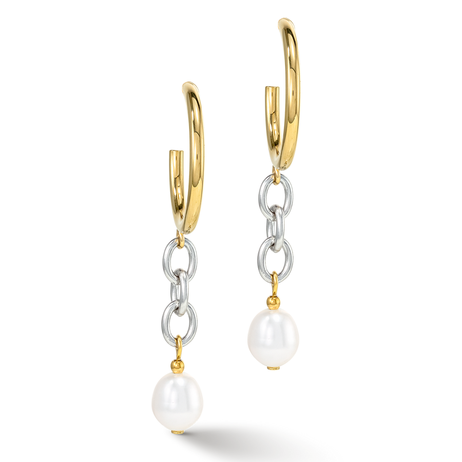 Orecchini Y & perle ovali d'acqua dolce con O-ring bicolore