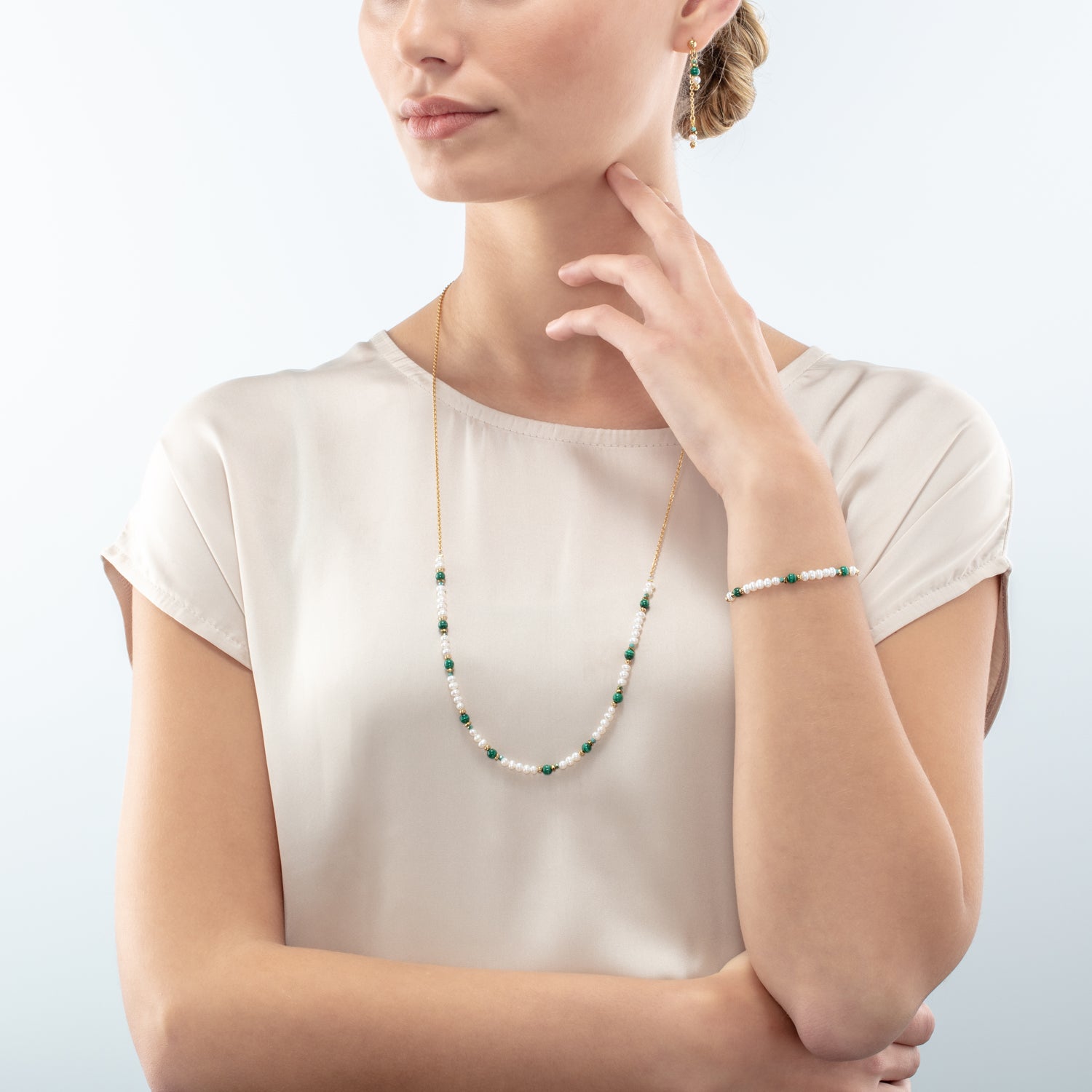 Collana Harmony oro con perle d'acqua dolce e malachite
