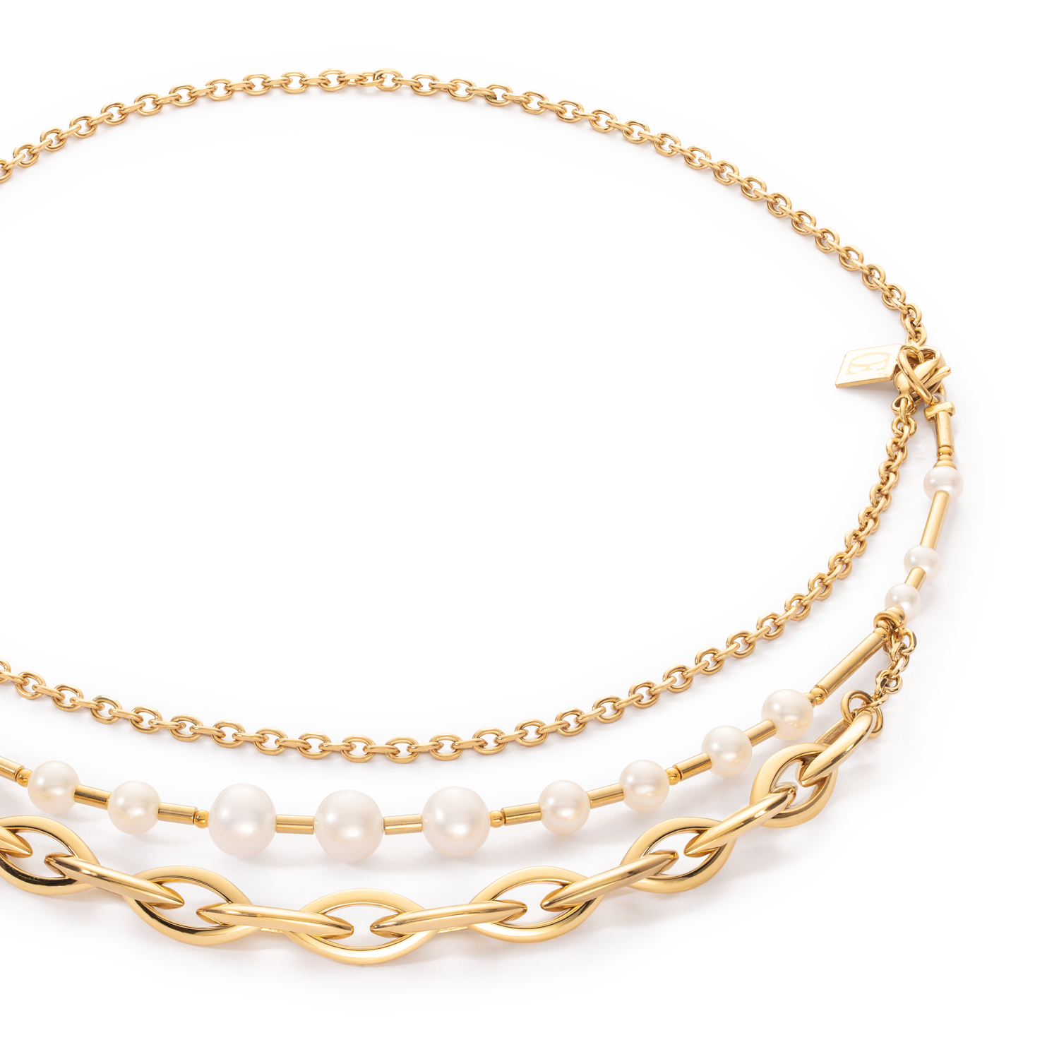 Collana Perle d'acqua dolce e Chunky Chain Navette Multiwear bianco-oro