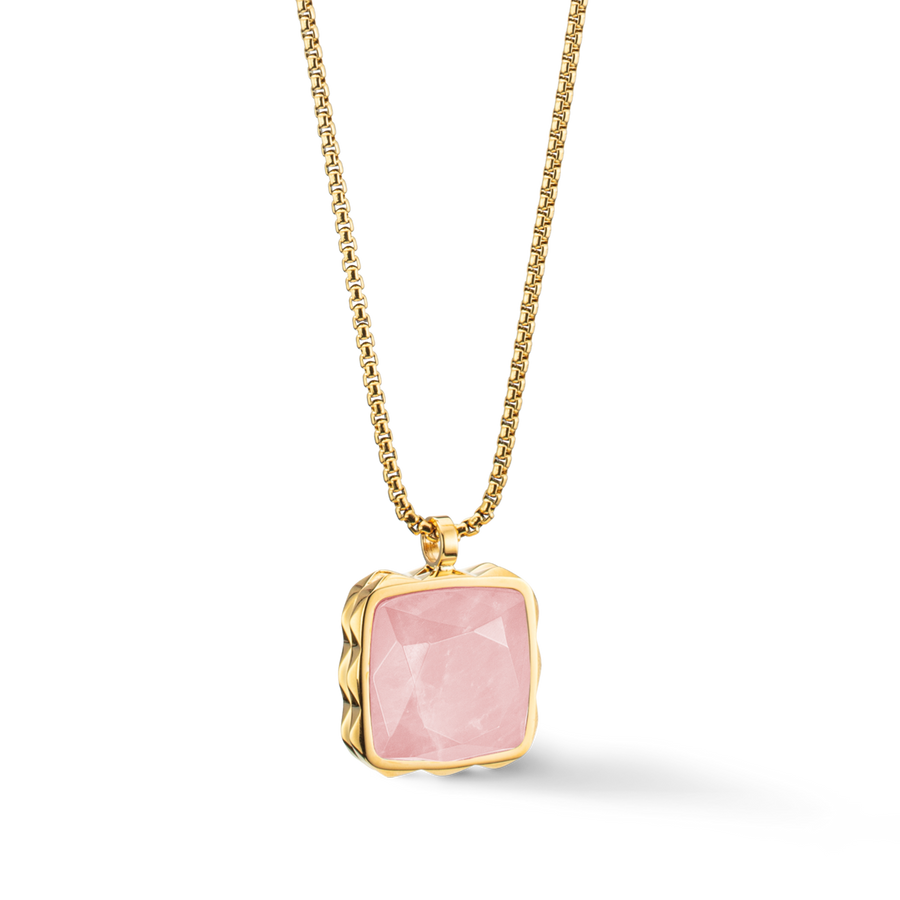 Collana Amuleto Spikes Square Quarzo rosa oro-rosa