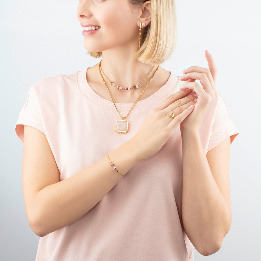 Collana Amuleto Spikes Square Quarzo rosa oro-rosa