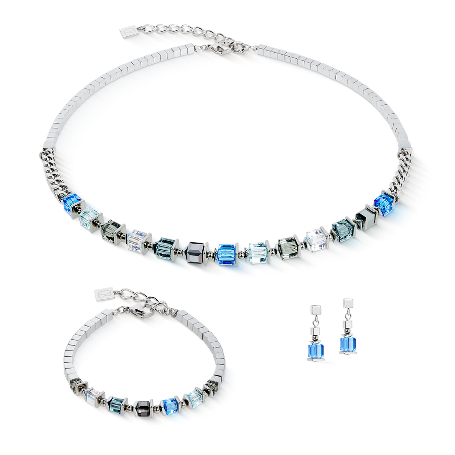 Orecchini Sparkling Cubes Fusion Chain argento-blu