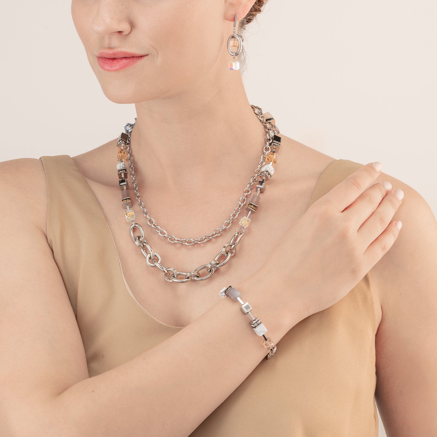Collana GeoCUBE® Statement Precious Chunky Chain Multiwear grau-beige