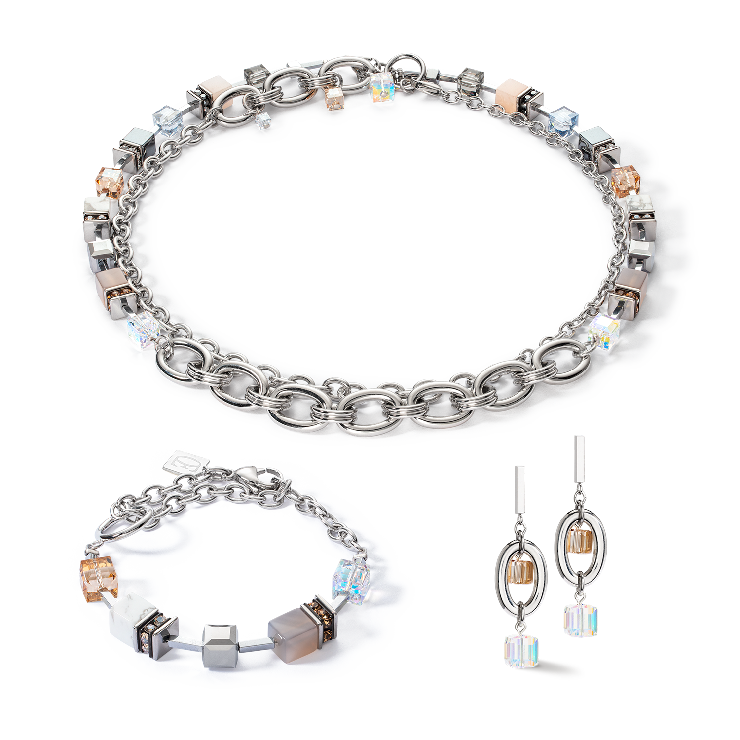 Orecchini GeoCUBE® Statement Precious Chunky Chain Multiwear grau-beige