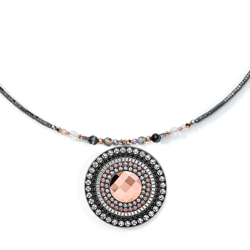 Collana amuleto small cristalli e strisce di onice grigio-cristallo