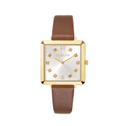 Orologio Iconic Square Gold White Sunray Cinturina in Pelle Classy Marrone