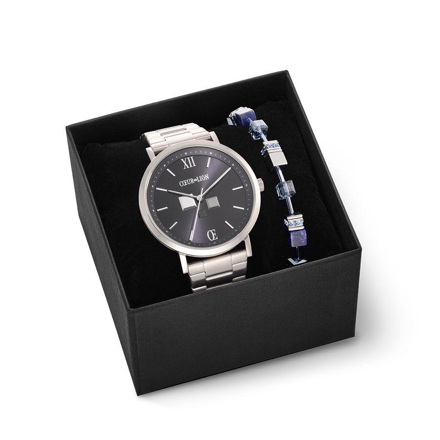 Set Regalo Orologio Rotondo Unisex Midnight Blue e Braccialetto GeoCUBE® Iconic Precious Blu