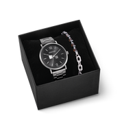 Confezione regalo Orologio rotondo Statement Anthracite Sunray e bracciale Precious Fusion Link Chain marrone-argento