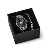 Confezione regalo Orologio rotondo Statement Anthracite Sunray e bracciale Precious Fusion Link Chain marrone-argento
