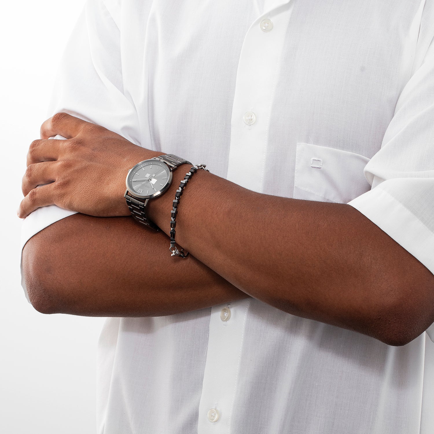 Confezione regalo Orologio rotondo Statement Anthracite Sunray e bracciale Precious Fusion Link Chain marrone-argento