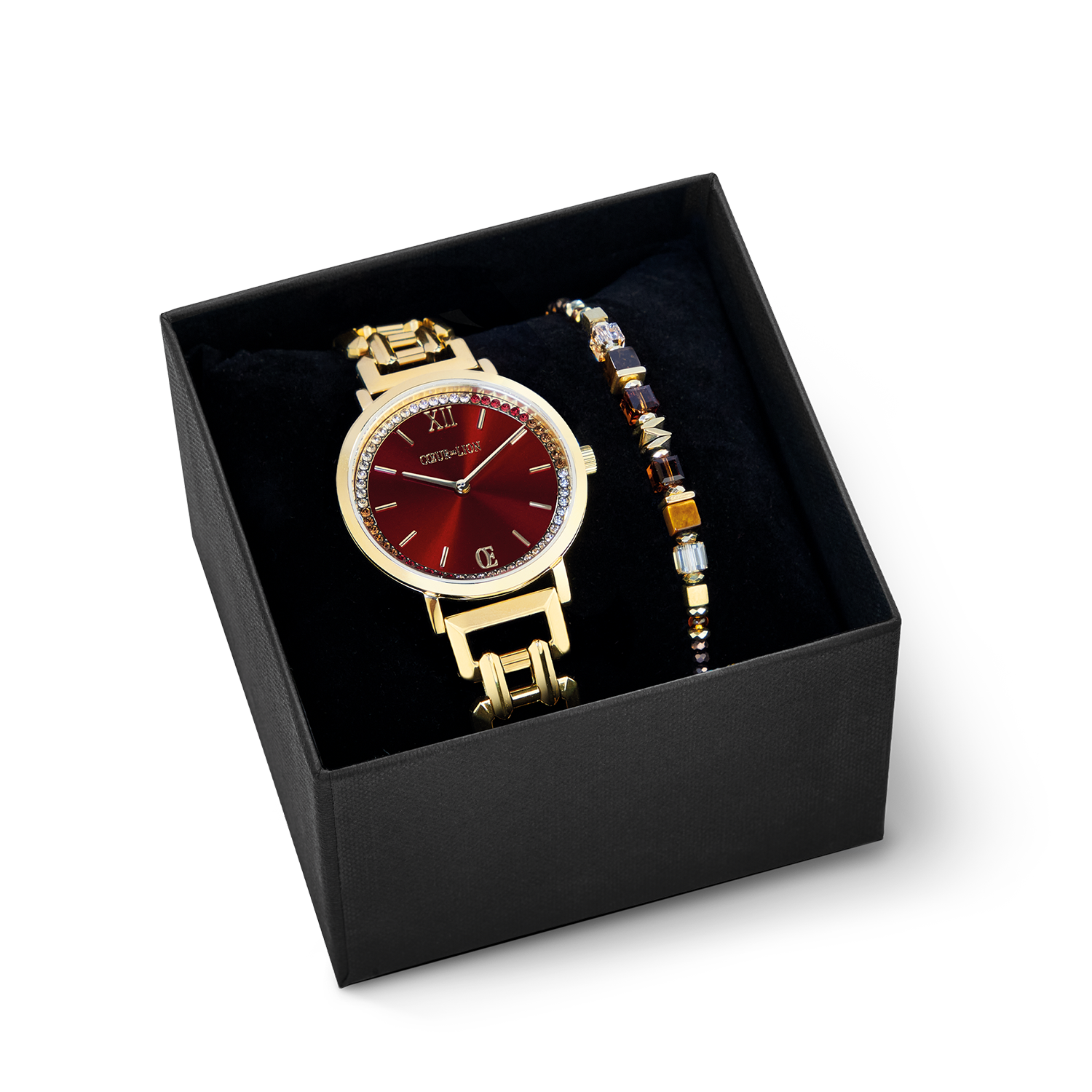 Set regalo Orologio Rotondo Festive Rosso e Bracciale Wave Cube Flow oro-marrone