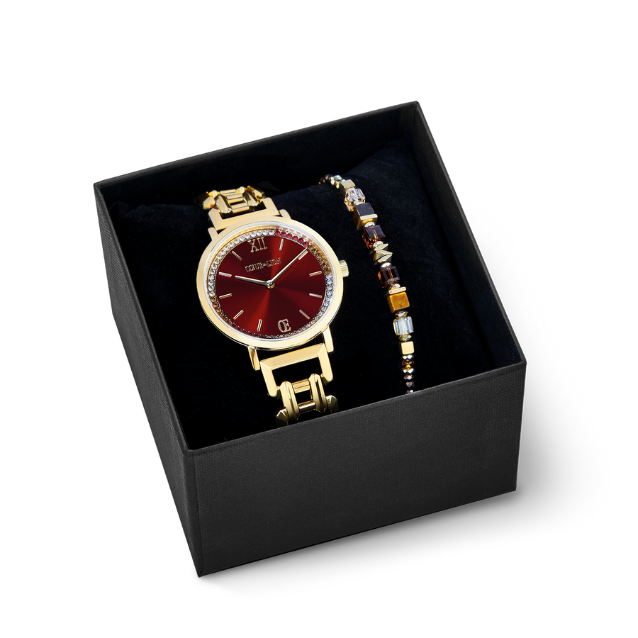 Set regalo Orologio Rotondo Festive Rosso e Bracciale Wave Cube Flow oro-marrone