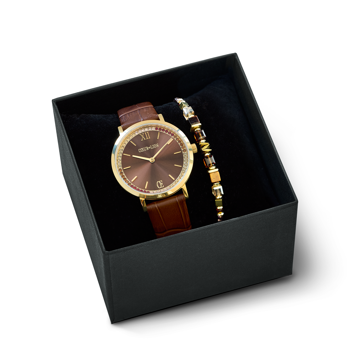 Set regalo Orologio rotondo Sparkling marrone e Bracciale Wave Cube Flow oro-marrone
