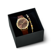 Set regalo Orologio rotondo Sparkling marrone e Bracciale Wave Cube Flow oro-marrone