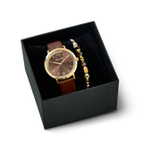 Set regalo Orologio rotondo Sparkling marrone e Bracciale Wave Cube Flow oro-marrone
