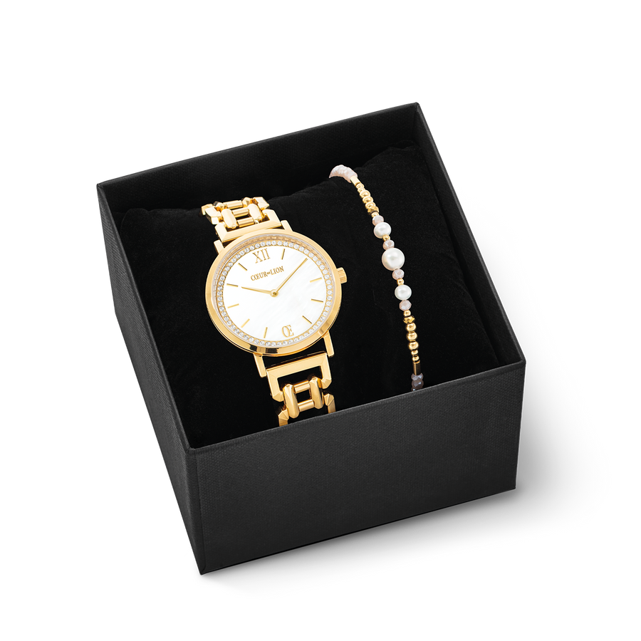 Set Regalo Orologio Rotondo Sparkling Madreperla & Bracciale Drops Oro