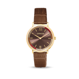 Orologio Round Sparkling Sunray Bracciale in pelle marrone oro