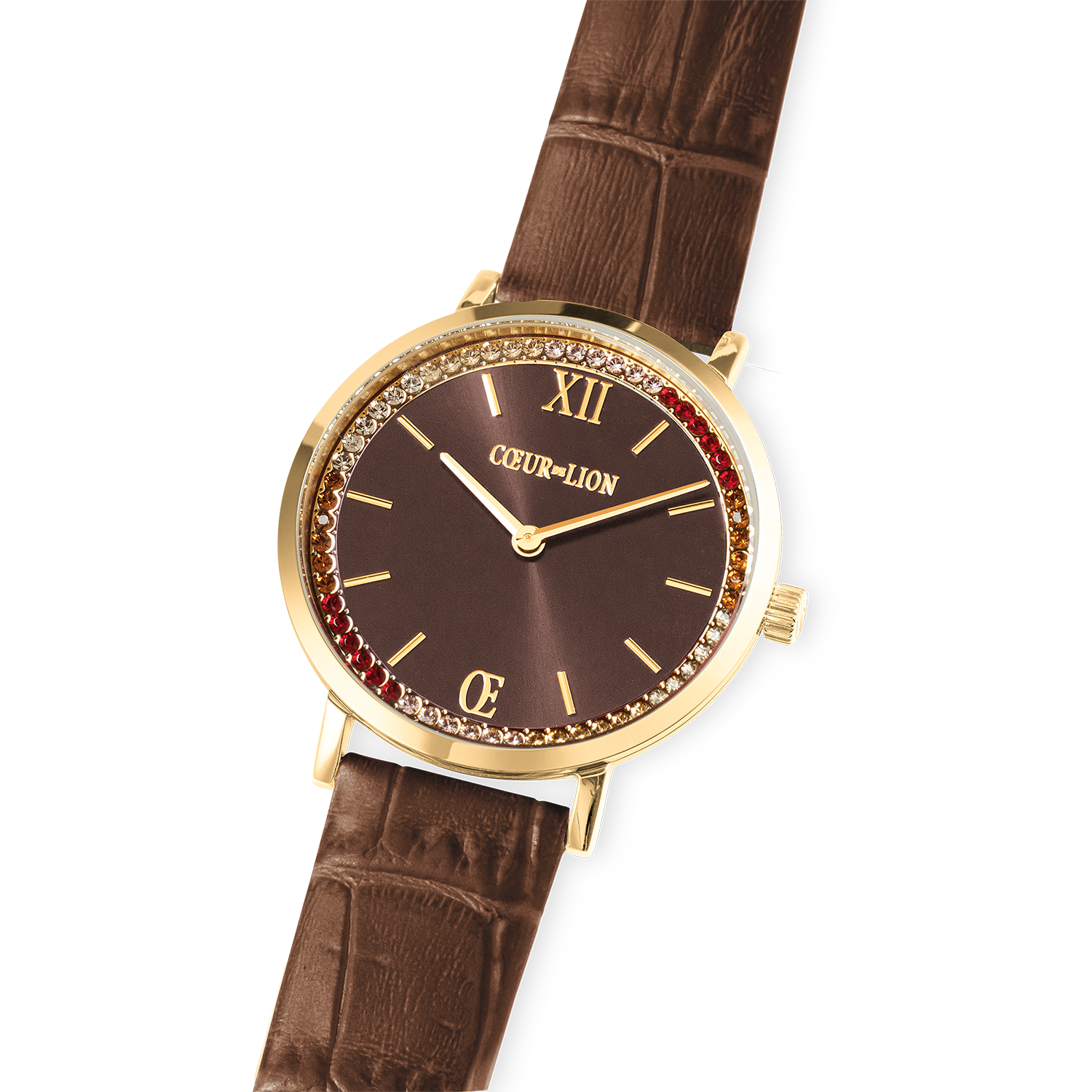 Orologio Round Sparkling Sunray Bracciale in pelle marrone oro