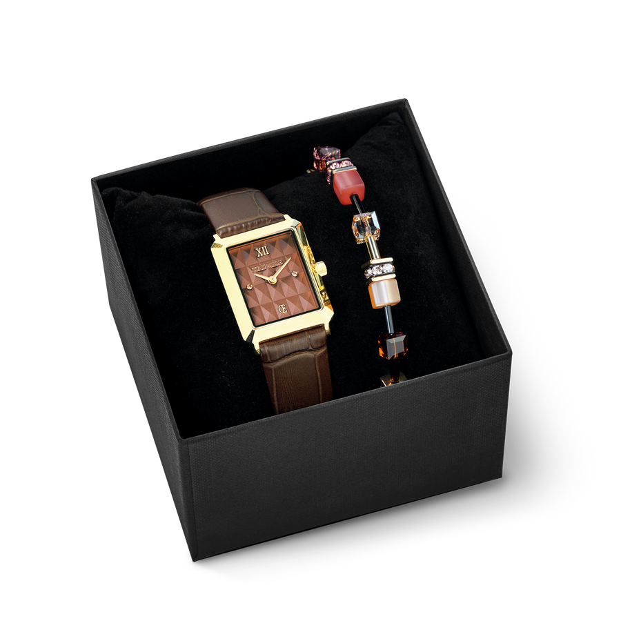Set regalo Orologio Iconic Spikes Mocha Mousse oro & Bracciale Iconico GeoCUBE Earth Mirage