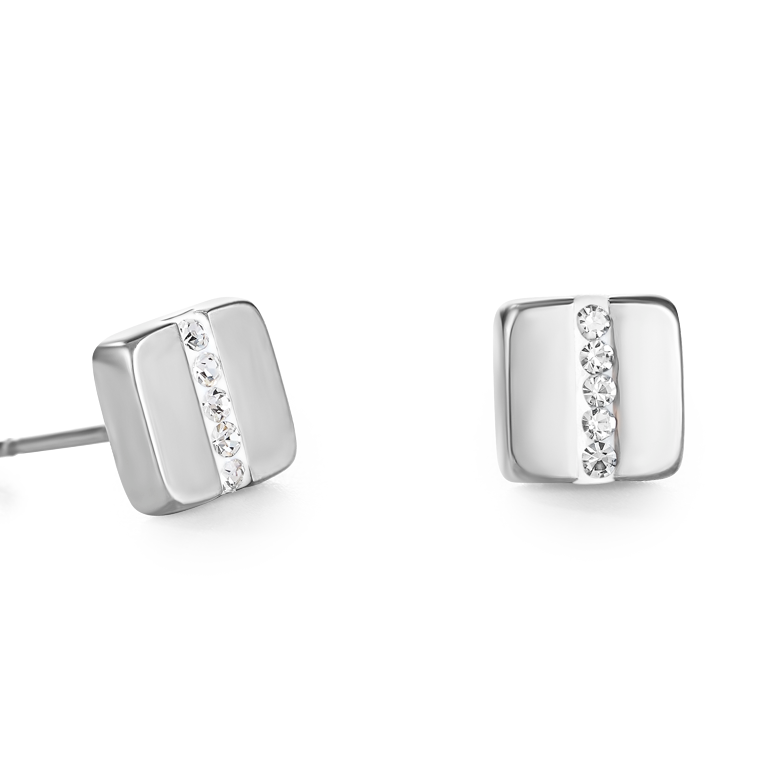 Orecchini acciaio inox quadrato e cristalli pavé strisce cristallo