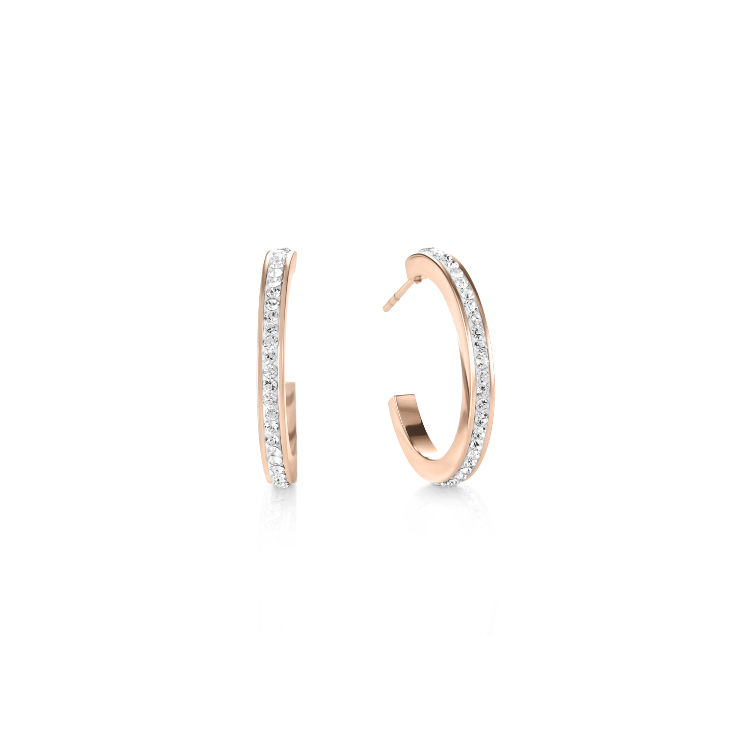 Orecchini creoli 20 acciaio inox oro rosé e cristalli pavé cristallo
