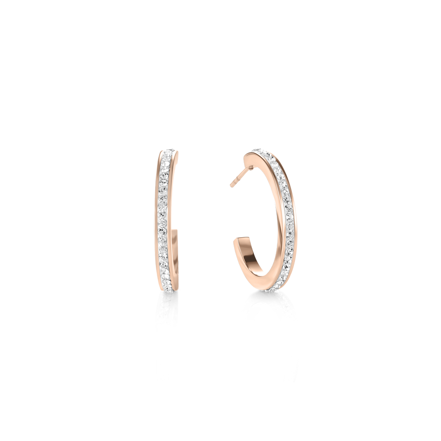 Orecchini creoli 20 acciaio inox oro rosé e cristalli pavé cristallo