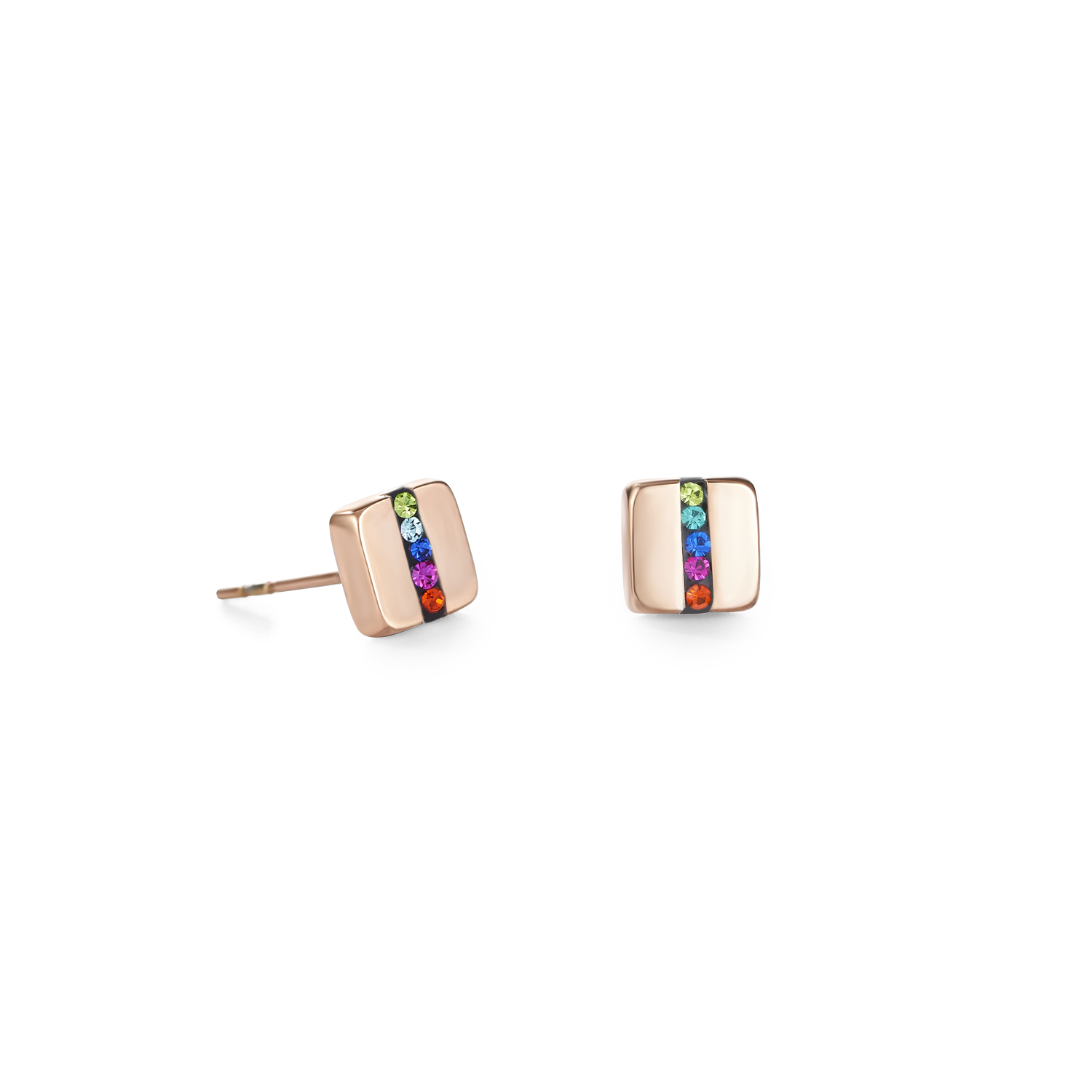 Orecchini acciaio inox quadrato oro rosé e cristalli pavé strisce multicolor