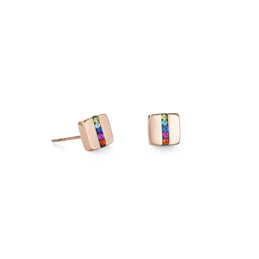 Orecchini acciaio inox quadrato oro rosé e cristalli pavé strisce multicolor