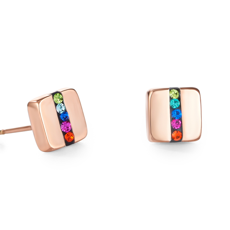 Orecchini acciaio inox quadrato oro rosé e cristalli pavé strisce multicolor