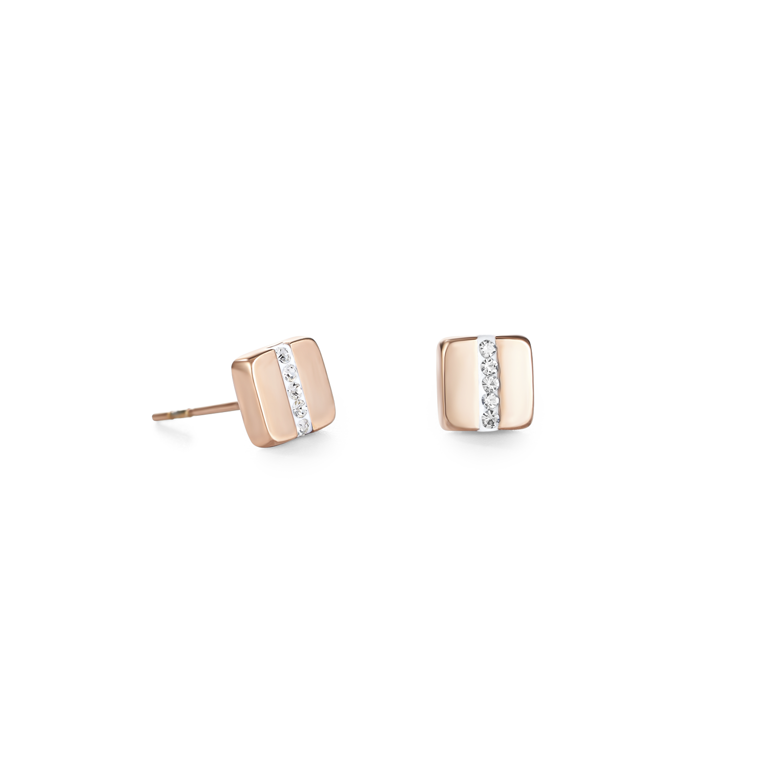 Orecchini acciaio inox quadrato oro rosé e cristalli pavé strisce cristallo
