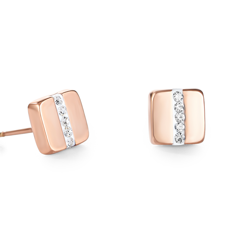Orecchini acciaio inox quadrato oro rosé e cristalli pavé strisce cristallo