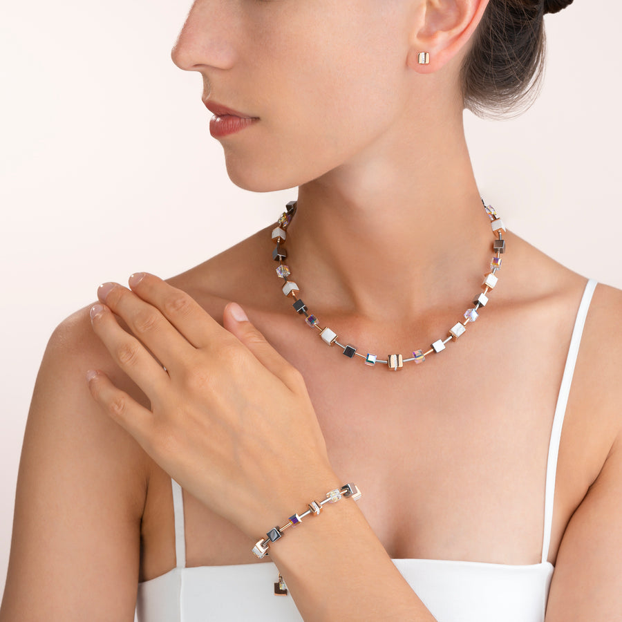 Orecchini acciaio inox quadrato oro rosé e cristalli pavé strisce cristallo