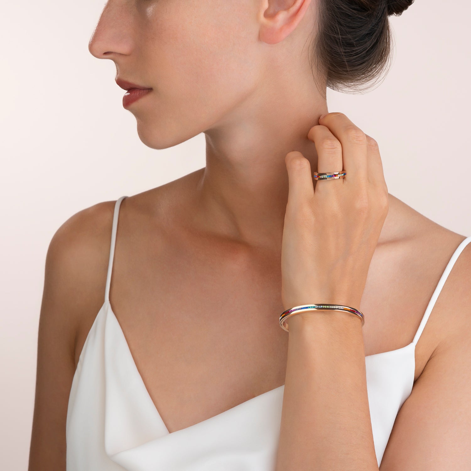 Bracciale acciaio inox oro rosé e cristalli pavé strisce multicolor 17