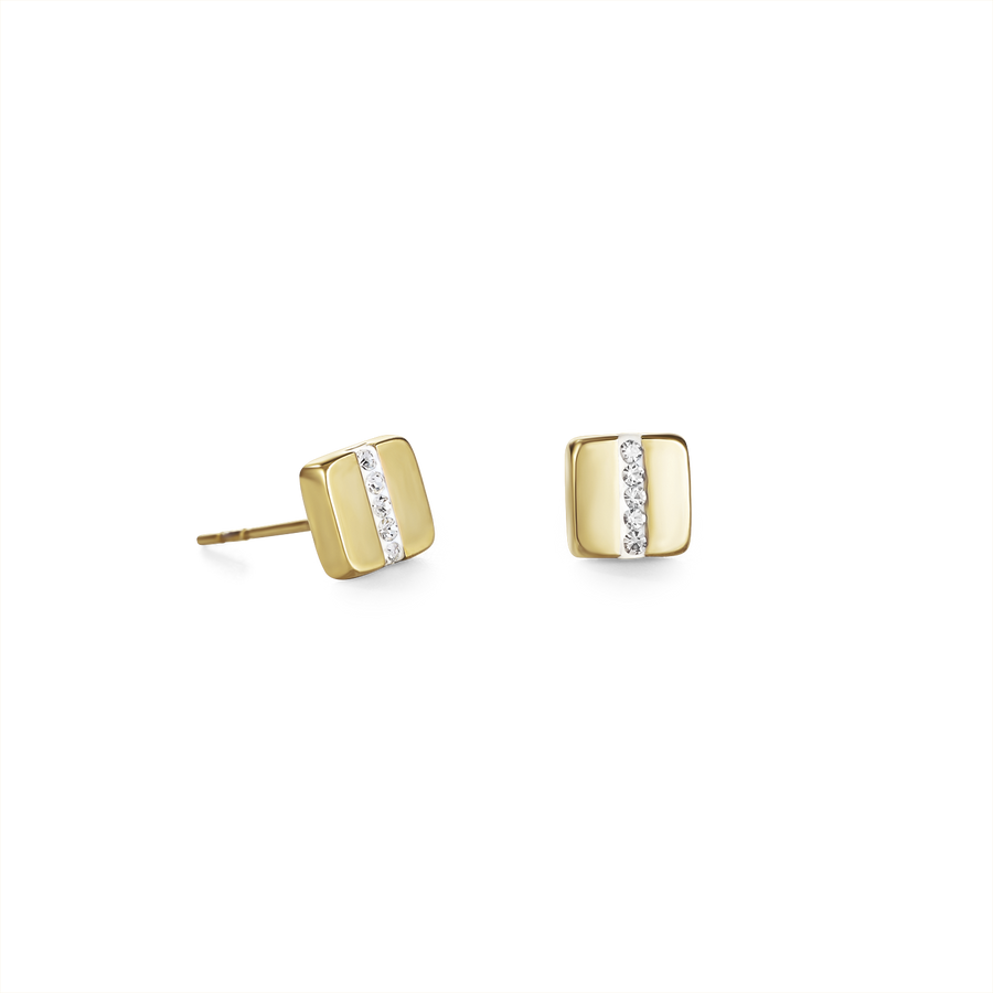 Orecchini acciaio inox quadrato oro e cristalli pavé strisce cristallo