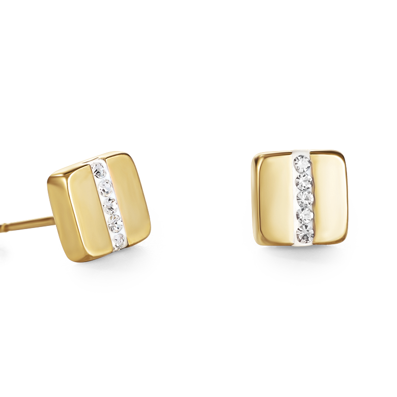 Orecchini acciaio inox quadrato oro e cristalli pavé strisce cristallo